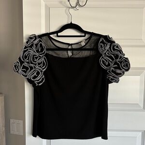Cato Black Blouse with White Floral Sleeves, Size Large